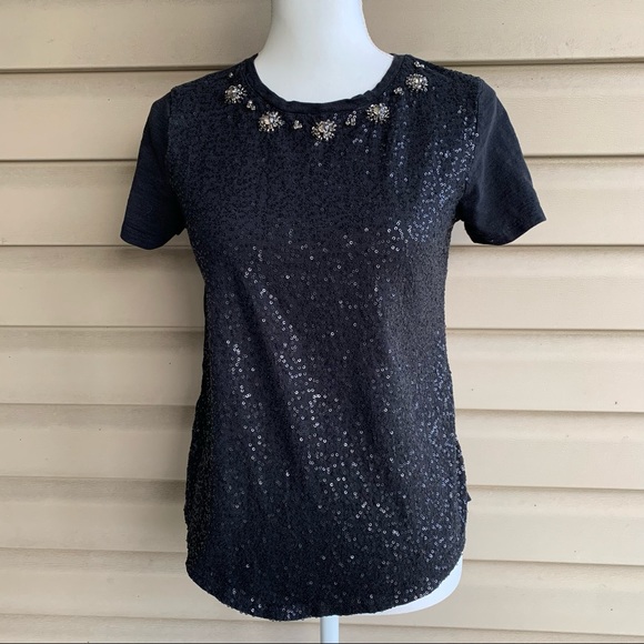 •LOFT• Black Sequin Rhinestone Short Sleeve Top - Size Small - Picture 1 of 8